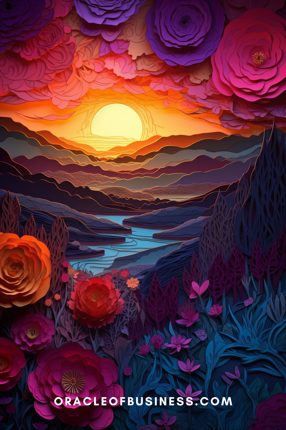 Oracle of Business: Business Advice for Small Business Owners A paper cut out of a sunset with flowers in the background.