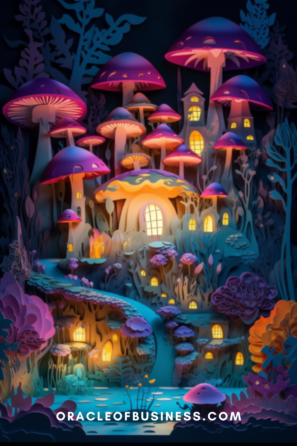 Oracle of Business: Business Advice for Small Business Owners A paper cut out of a mushroom village with the words oracle for business.