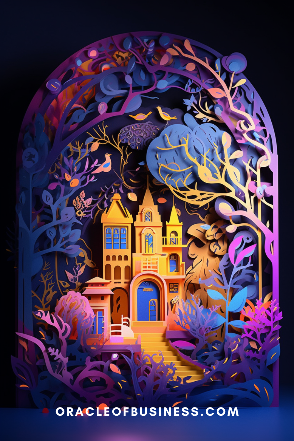Oracle of Business: Business Advice for Small Business Owners A paper cut illustration of a castle and trees.