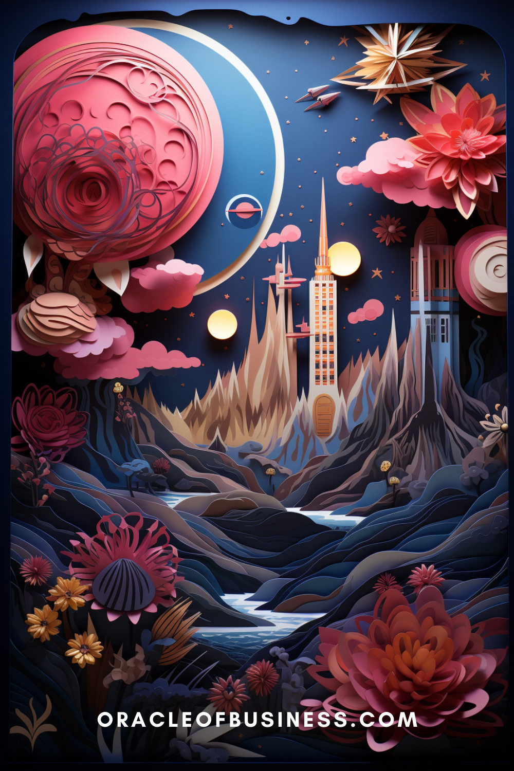 16 A poster for oracle business with flowers and a castle in the background.