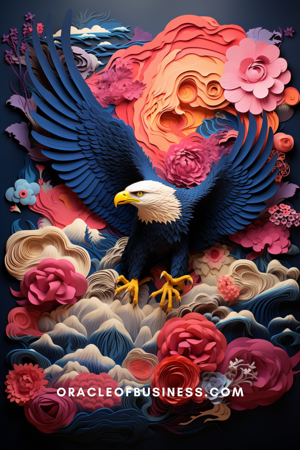 An eagle flies over flowers and clouds.