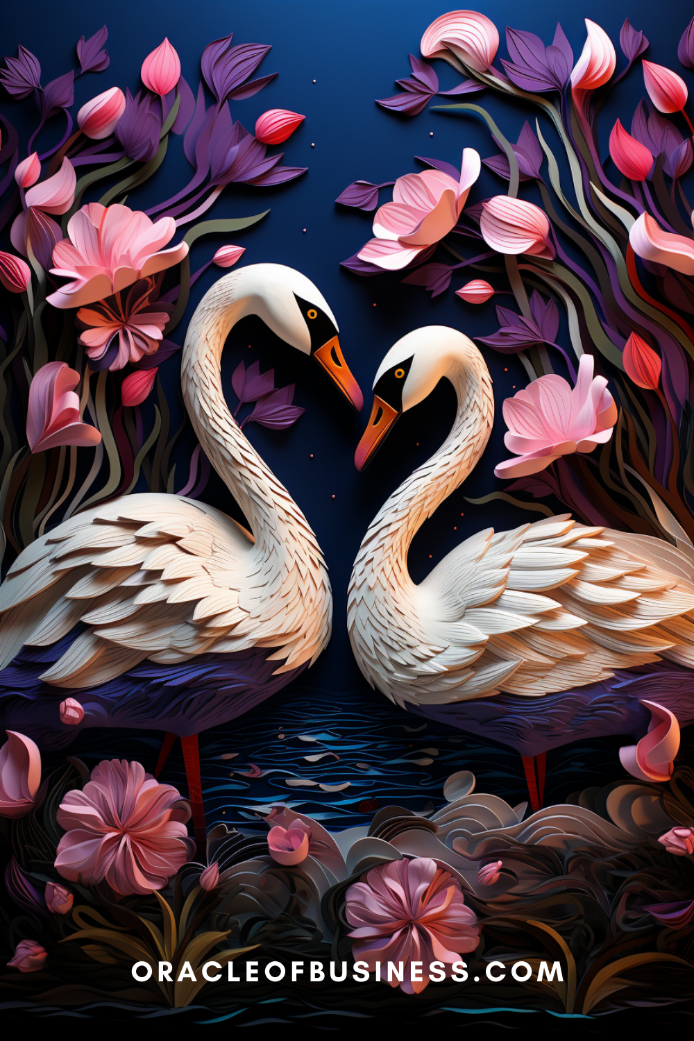 Two swans with flowers in the background.