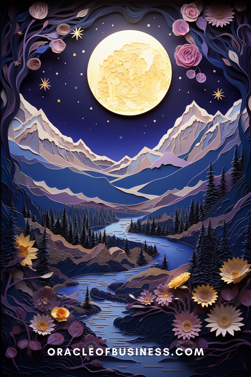 229 A poster with a moon in the sky and flowers.