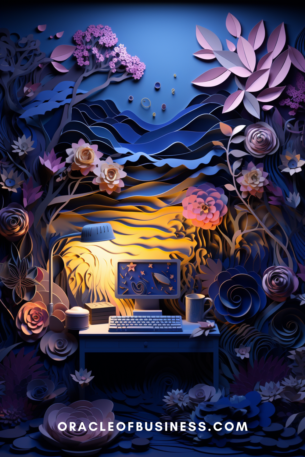 A paper cut out of a desk with flowers in the background.