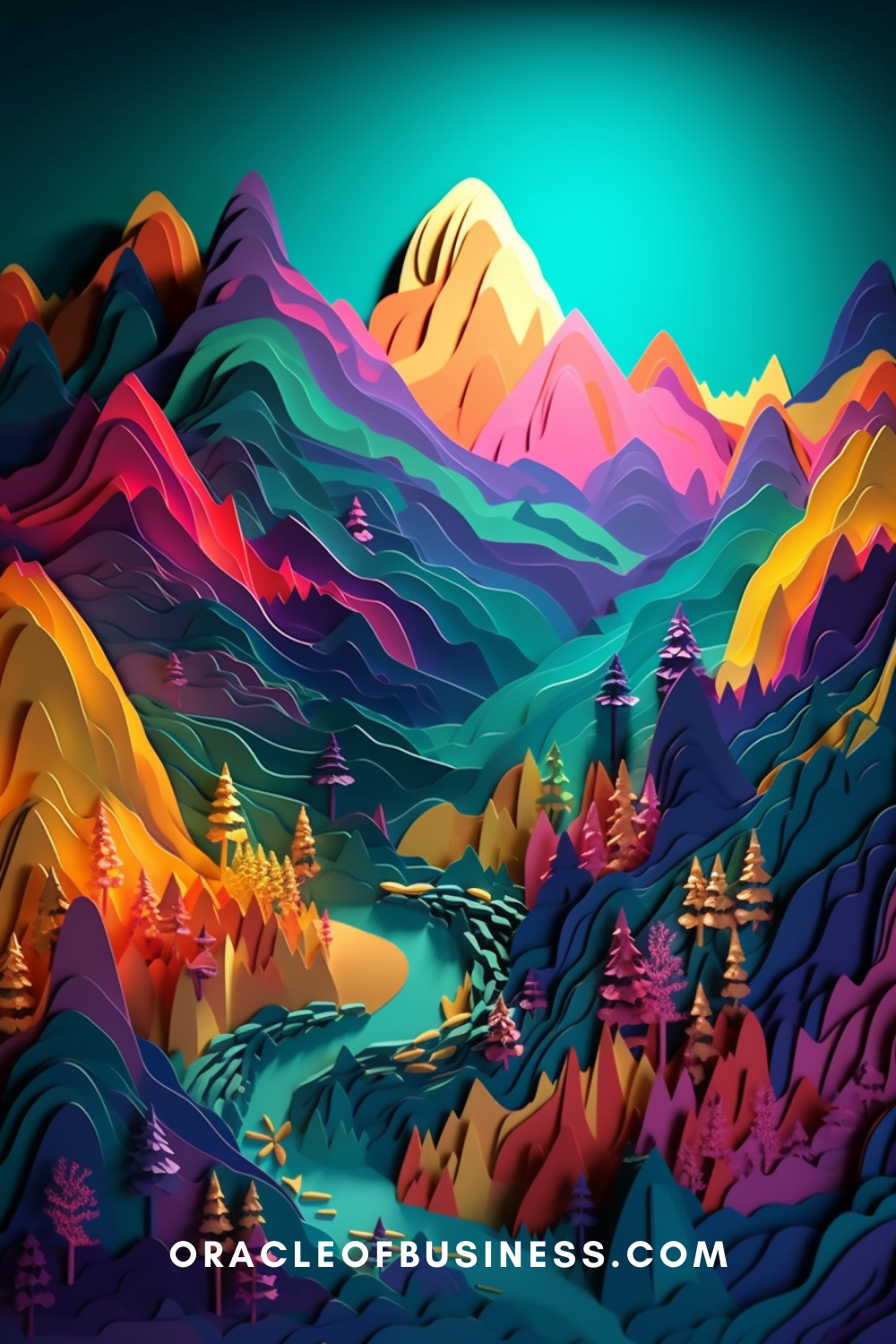 241 A colorful paper cut illustration of mountains and a river.
