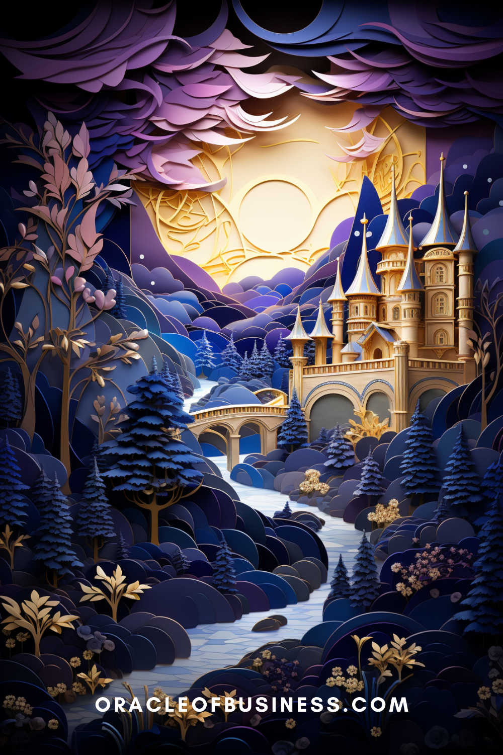 245 A paper cut illustration of a castle with a moon in the background.