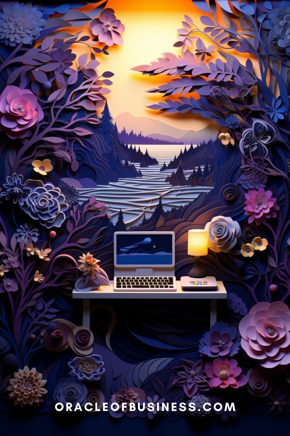 A paper cut out of a laptop with flowers in the background.