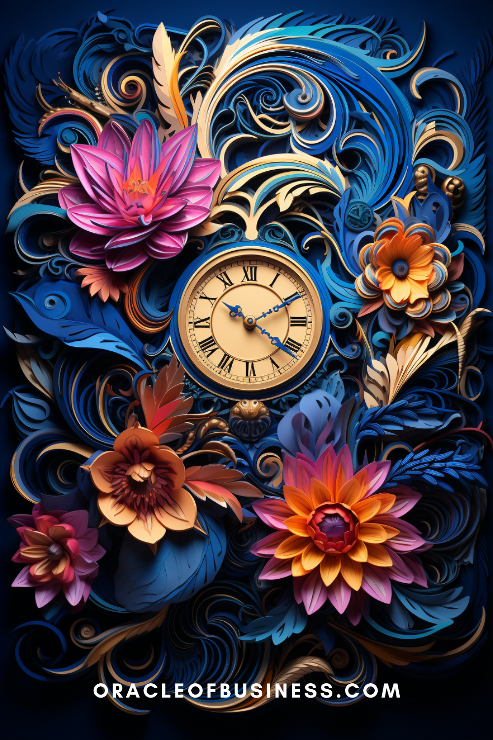 251 An oracle business card with flowers and a clock.