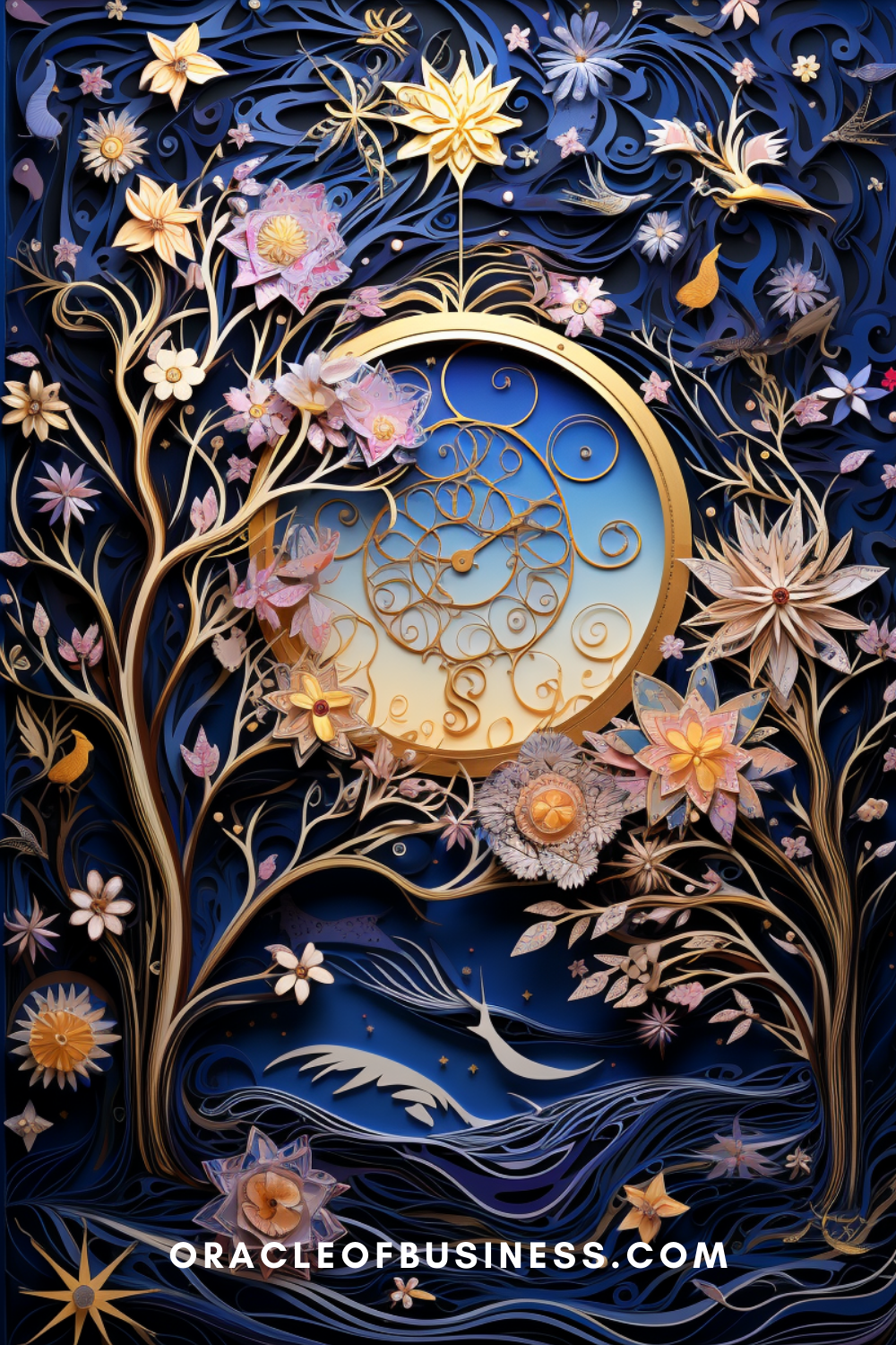 253 The cover of a book with a clock and flowers.