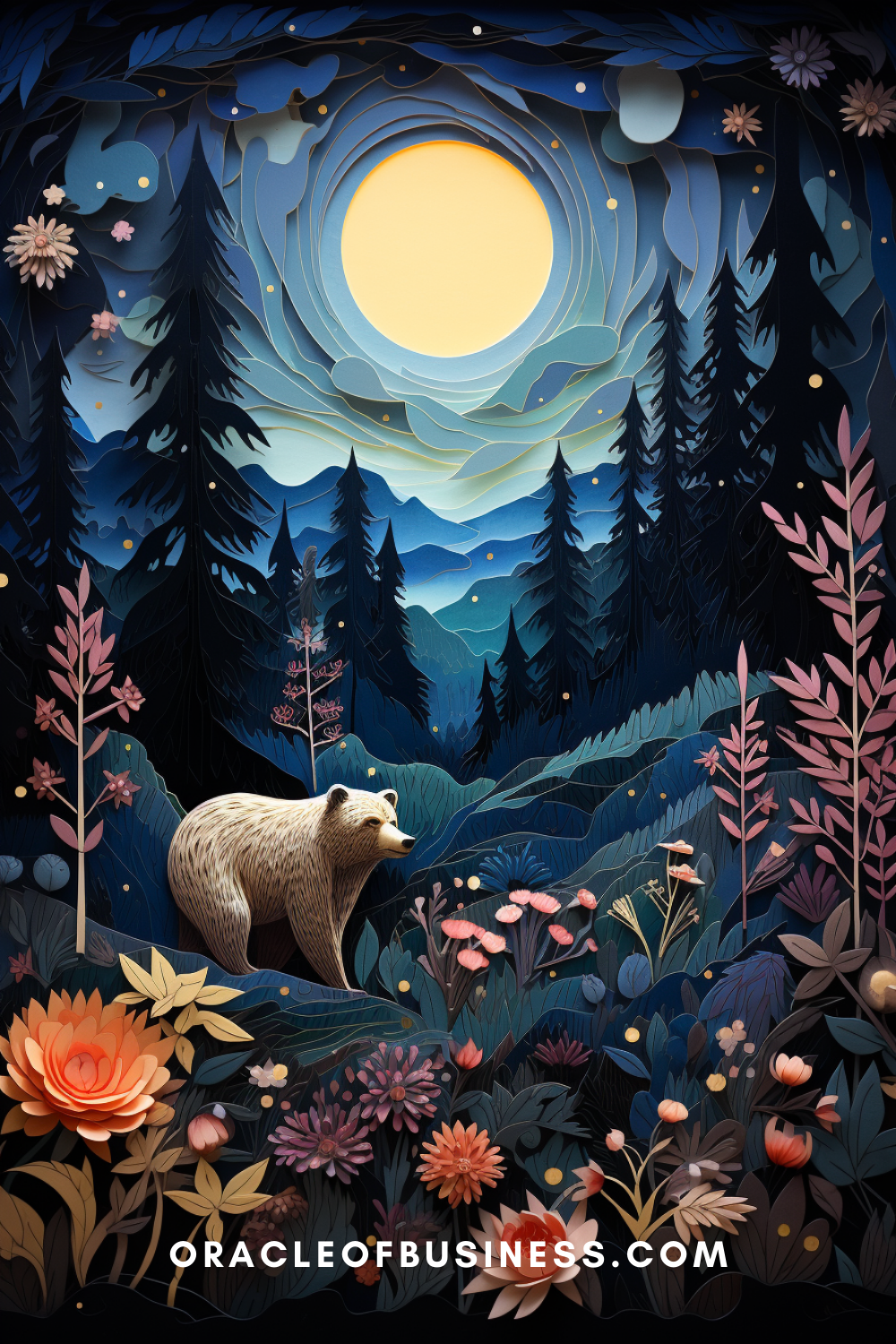 An image of a bear in a forest with flowers and a moon.