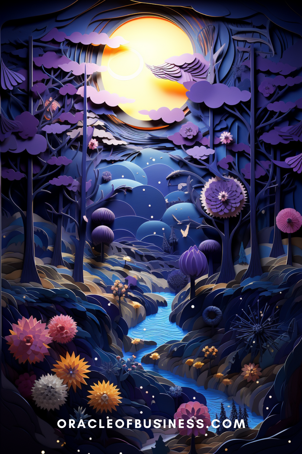 257 An illustration of a forest with trees and a moon.