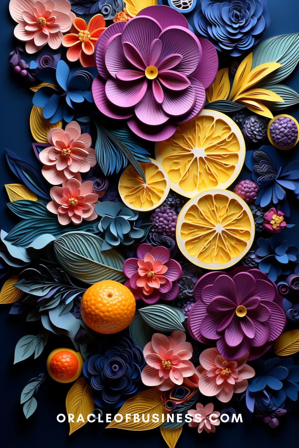 Paper flowers with oranges and lemons on a blue background.