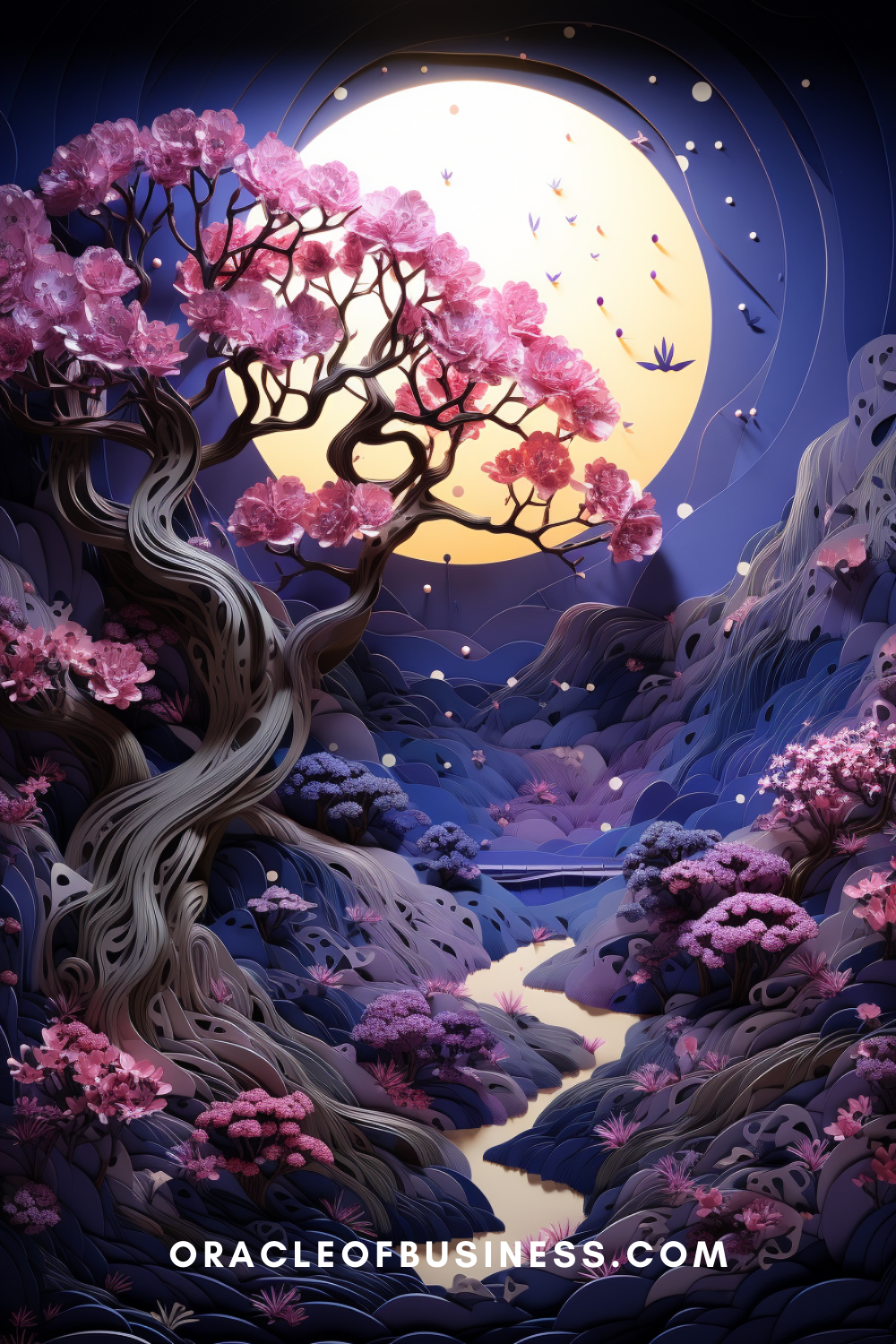 A full moon with a pink tree in the background.