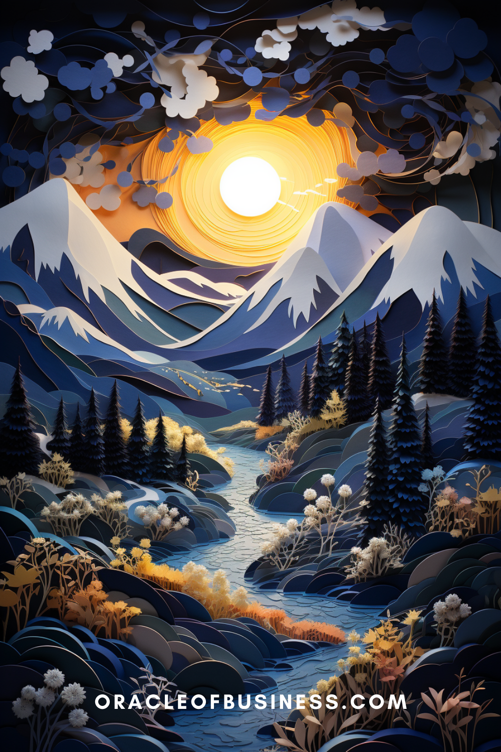 An oracle business poster with mountains and a river in the background.