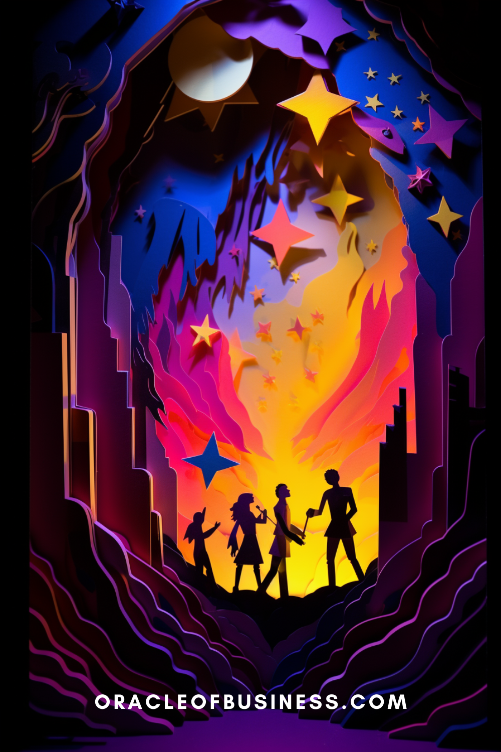 293 A paper cut out of people walking in a tunnel.