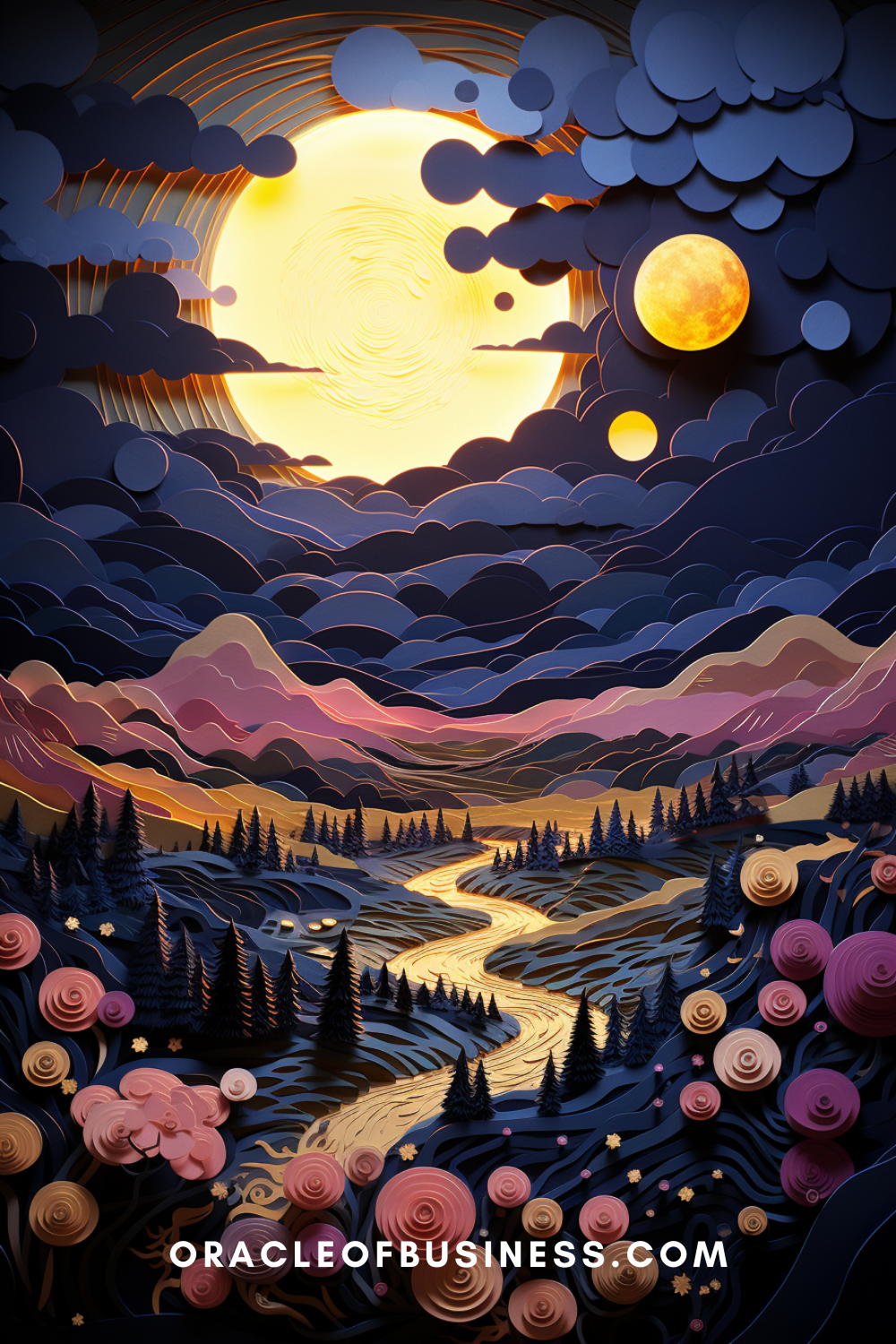 A paper cut illustration of a landscape with a moon in the sky.