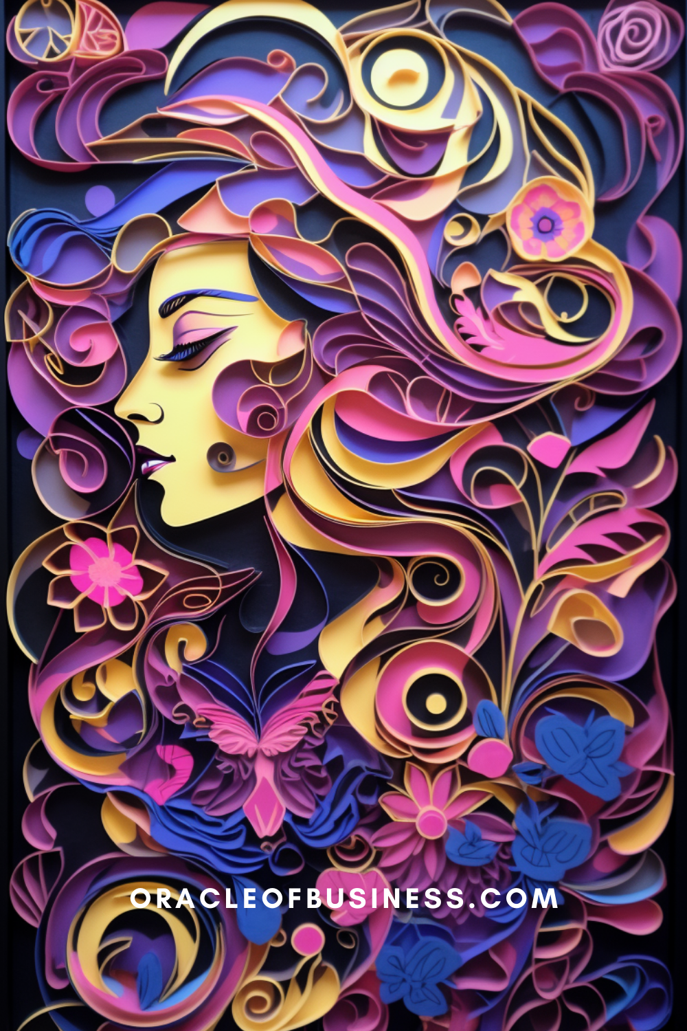 32 A paper cut art of a woman with colorful flowers.