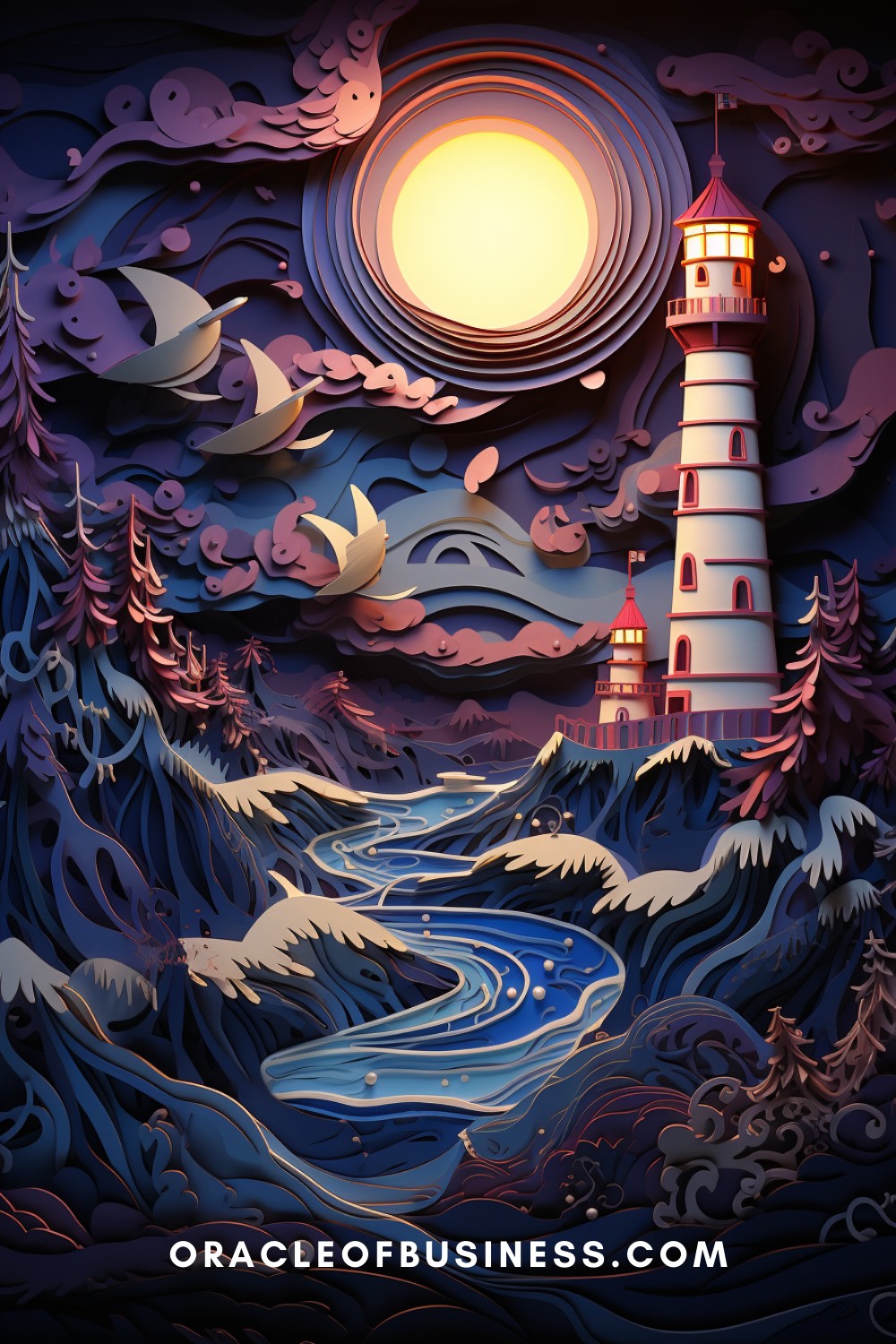 44 A paper cut illustration of a lighthouse and a river.