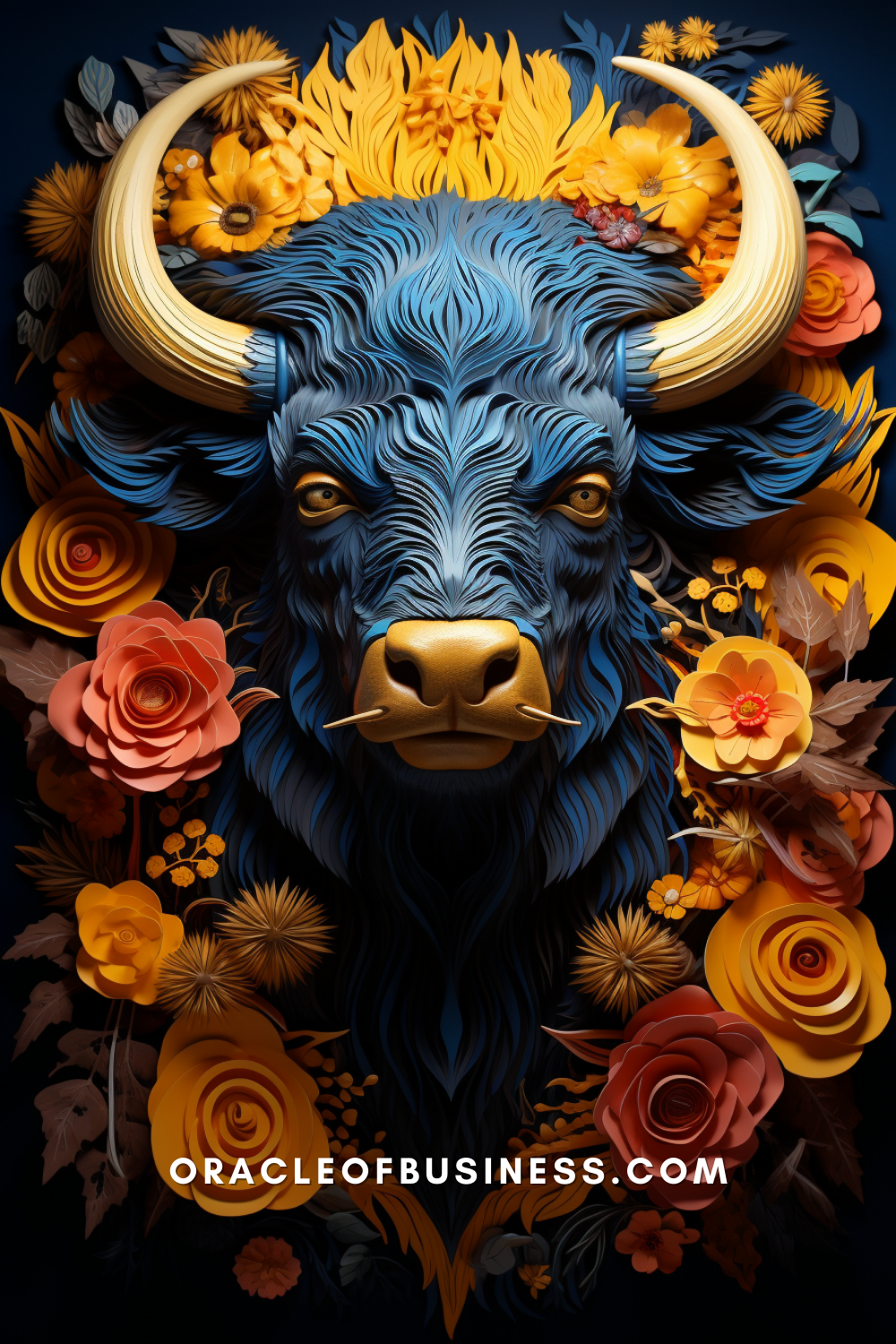 46 A blue bull with flowers in the background.