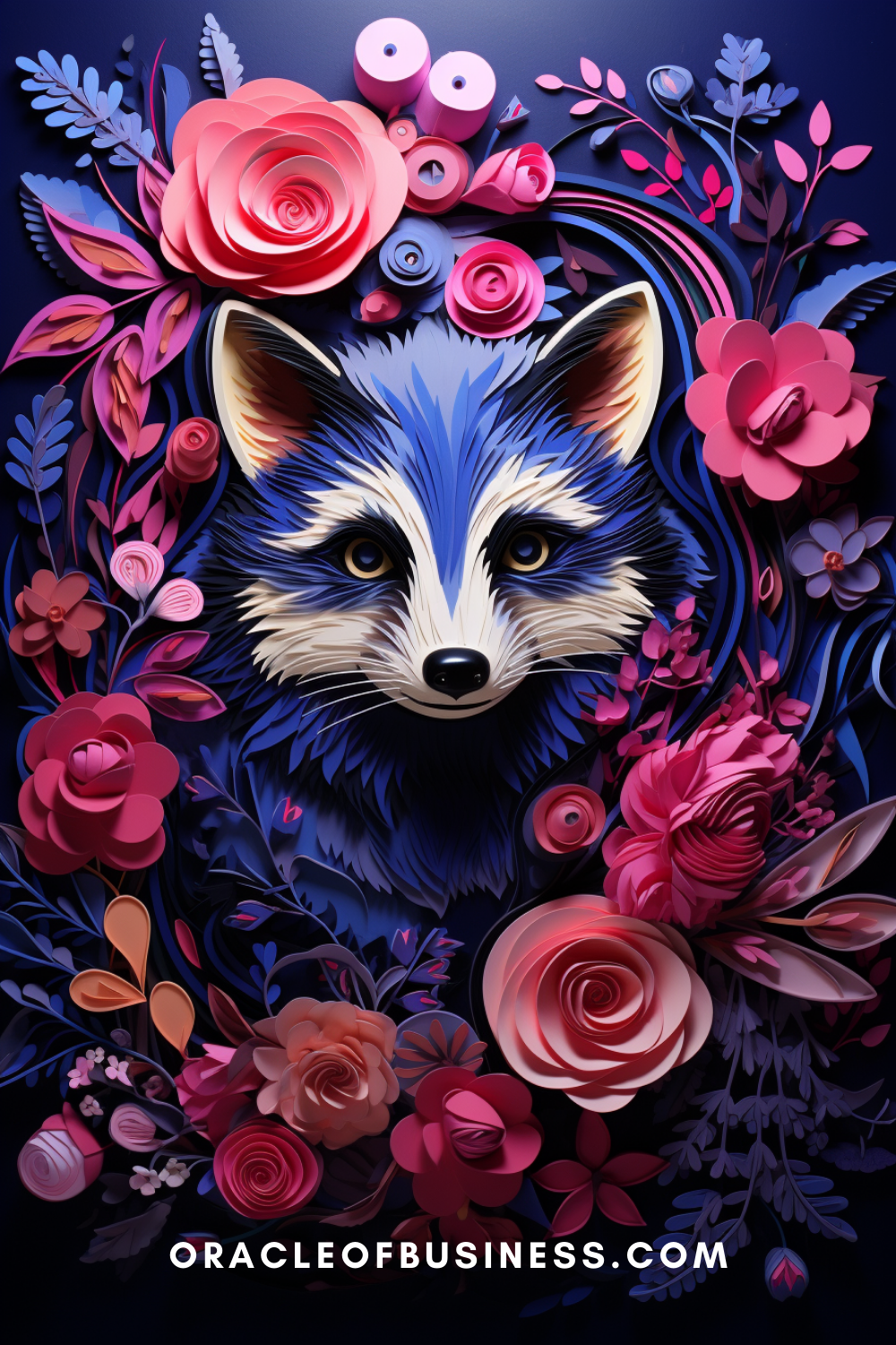 A blue raccoon with flowers in the background.