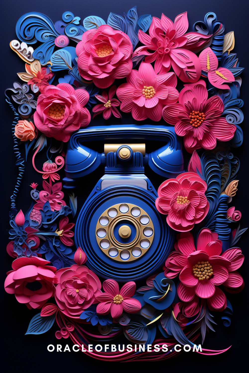 A blue telephone surrounded by pink flowers.