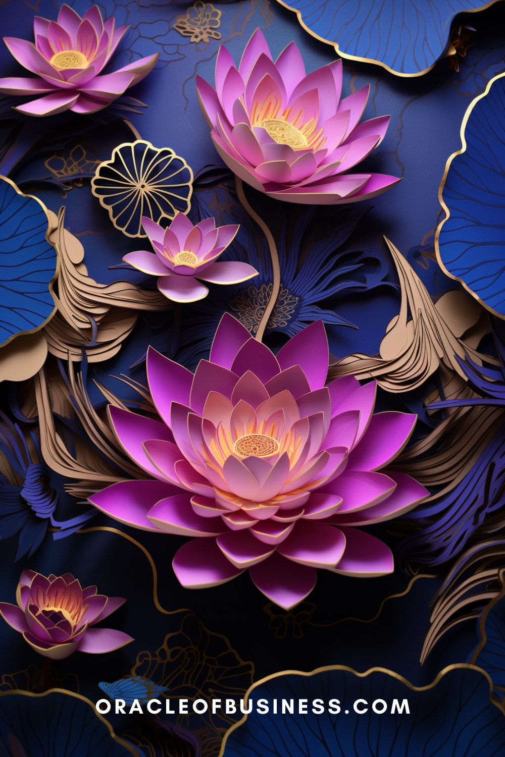 A blue background with purple and gold lotus flowers.