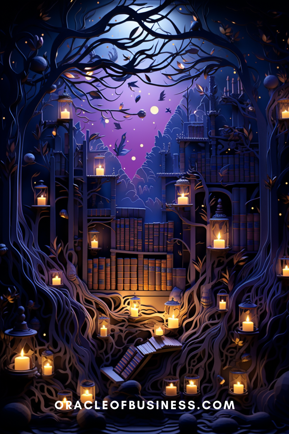 66 An image of a dark forest with candles in it.