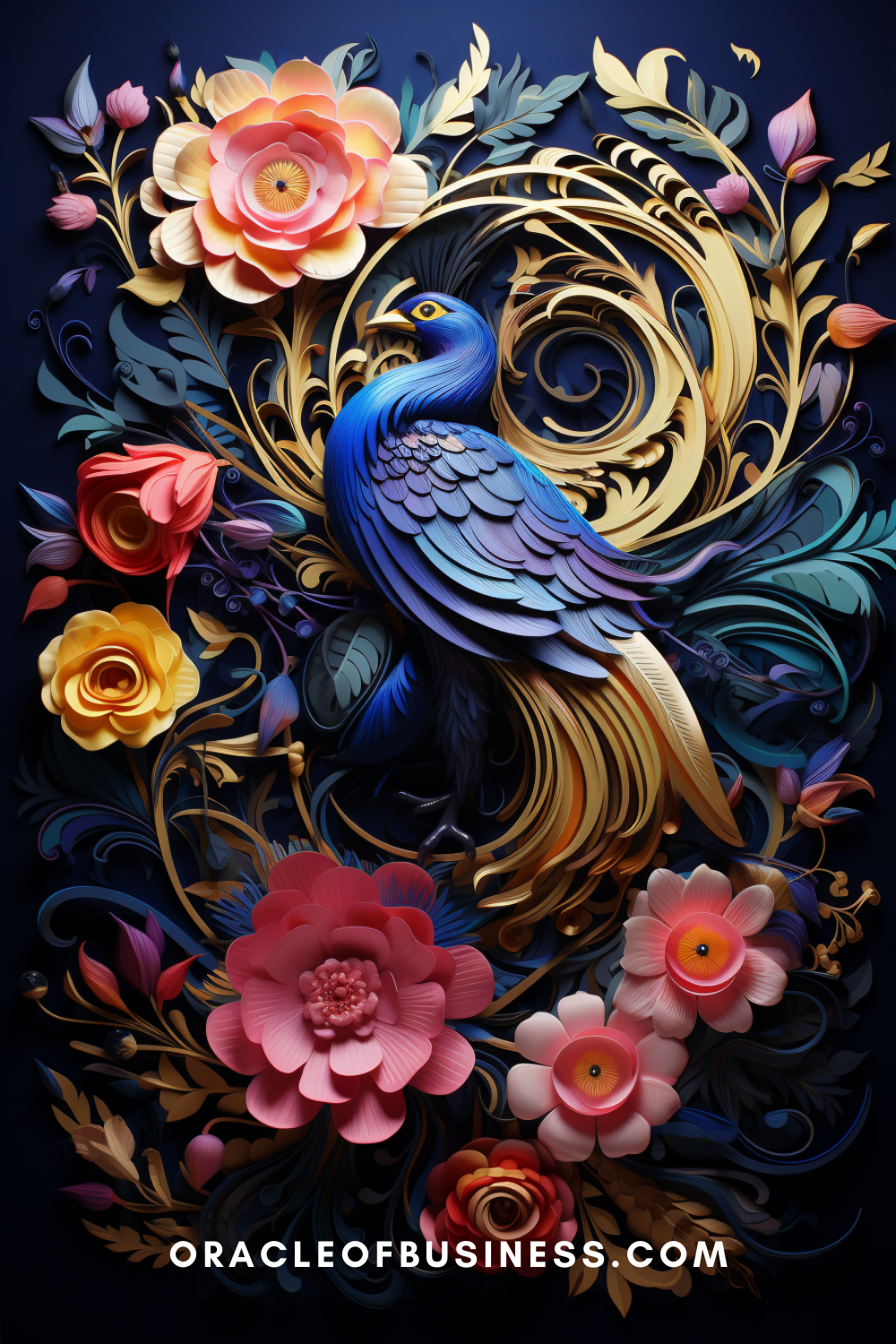 A blue peacock with flowers on a dark background.