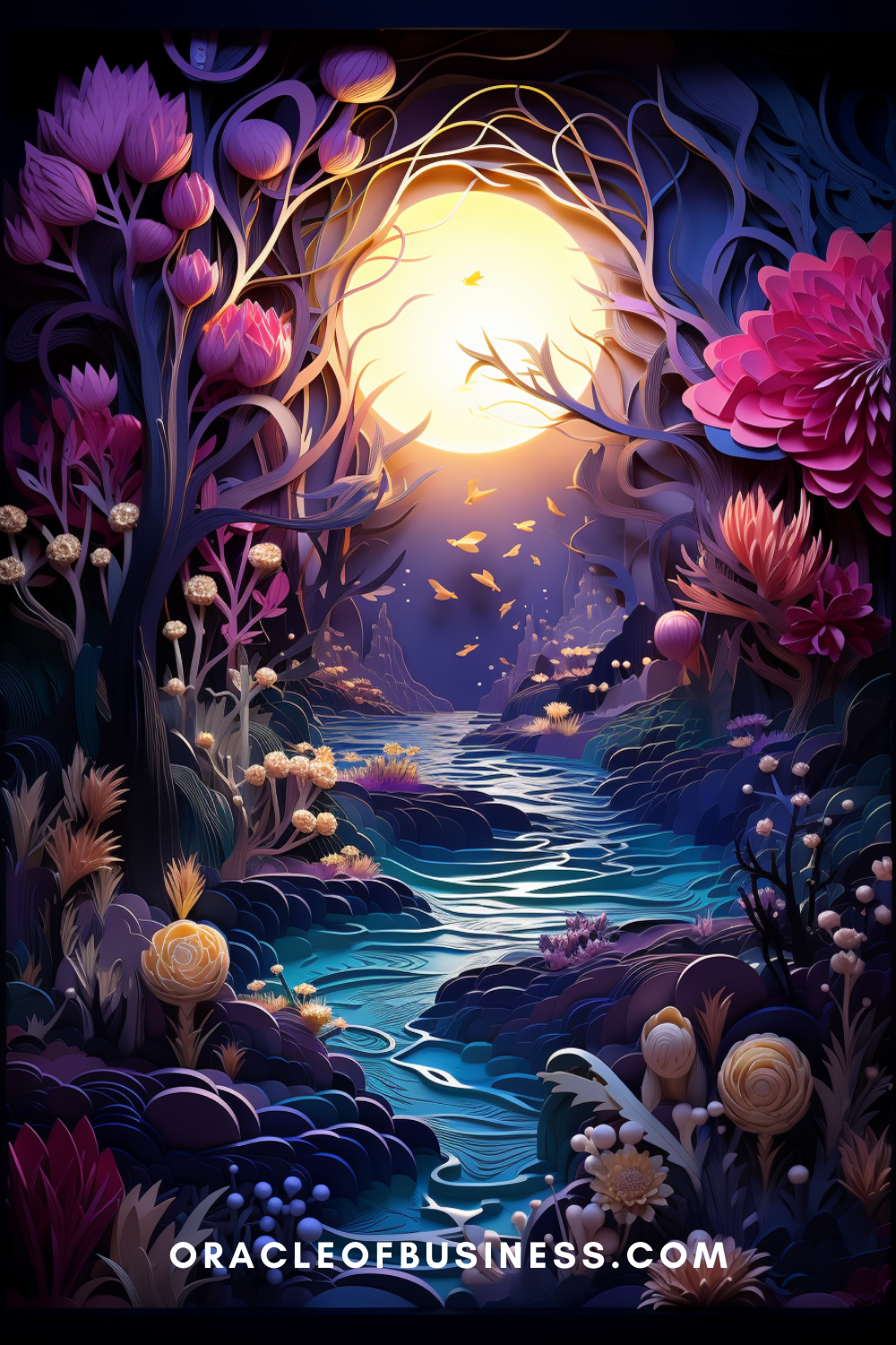An illustration of a river with flowers and a moon.