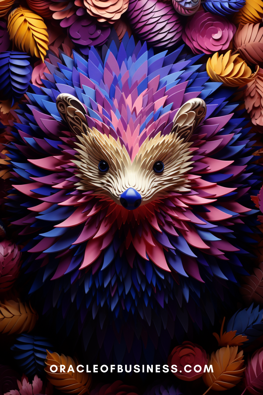 74 An origami hedgehog surrounded by colorful flowers.