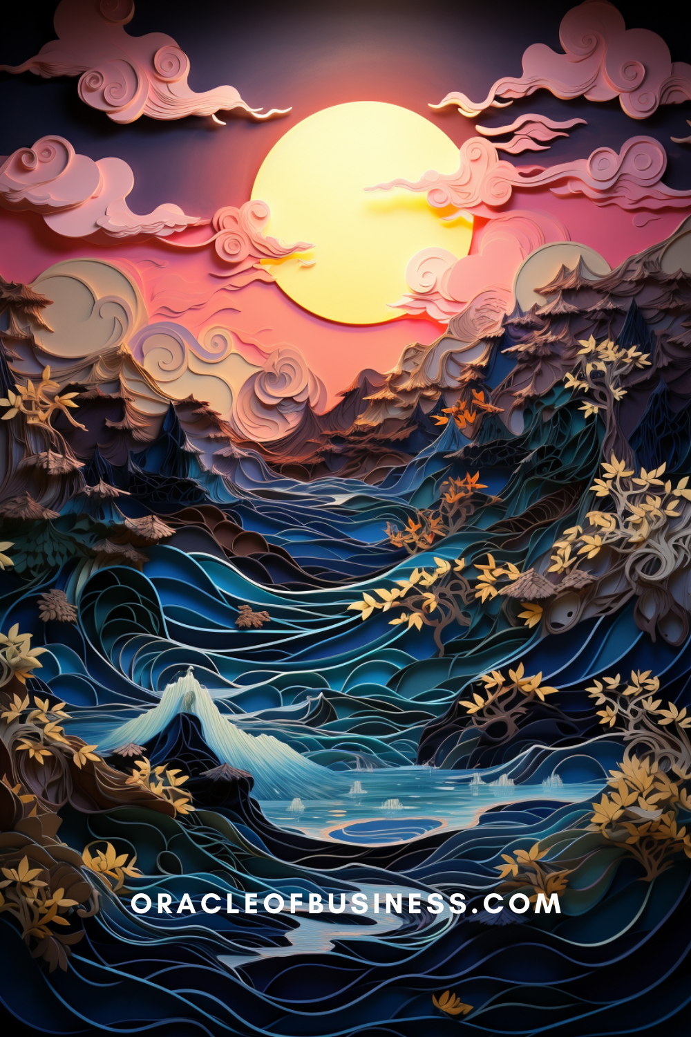 8 A paper cut art piece with a sunset and waves.