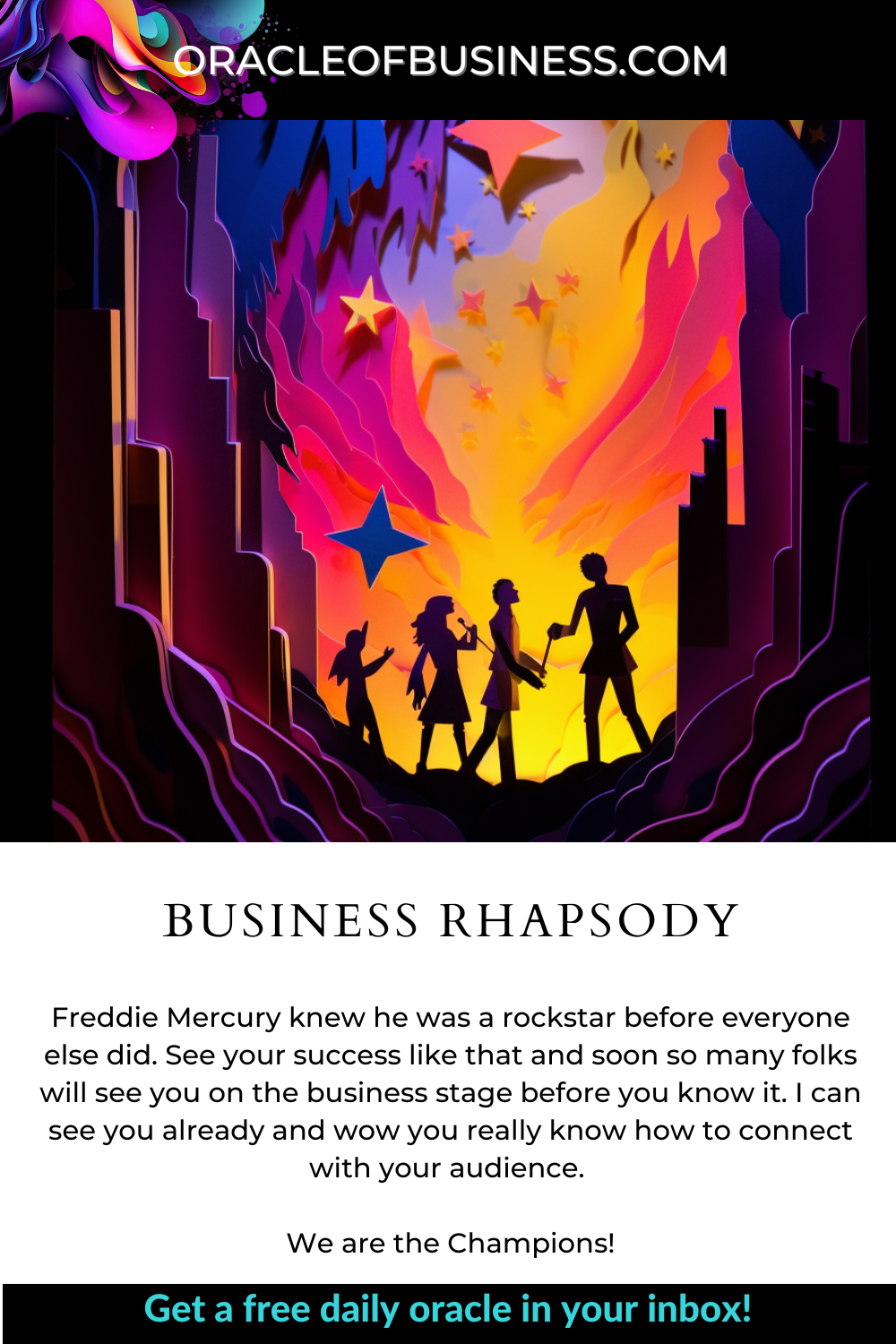 Business Rhapsody A paper cut out of people walking in front of a colorful background.