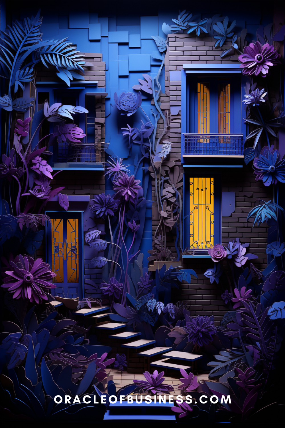 Oracle of Business: Business Advice for Small Business Owners A blue house with plants and stairs in the background.
