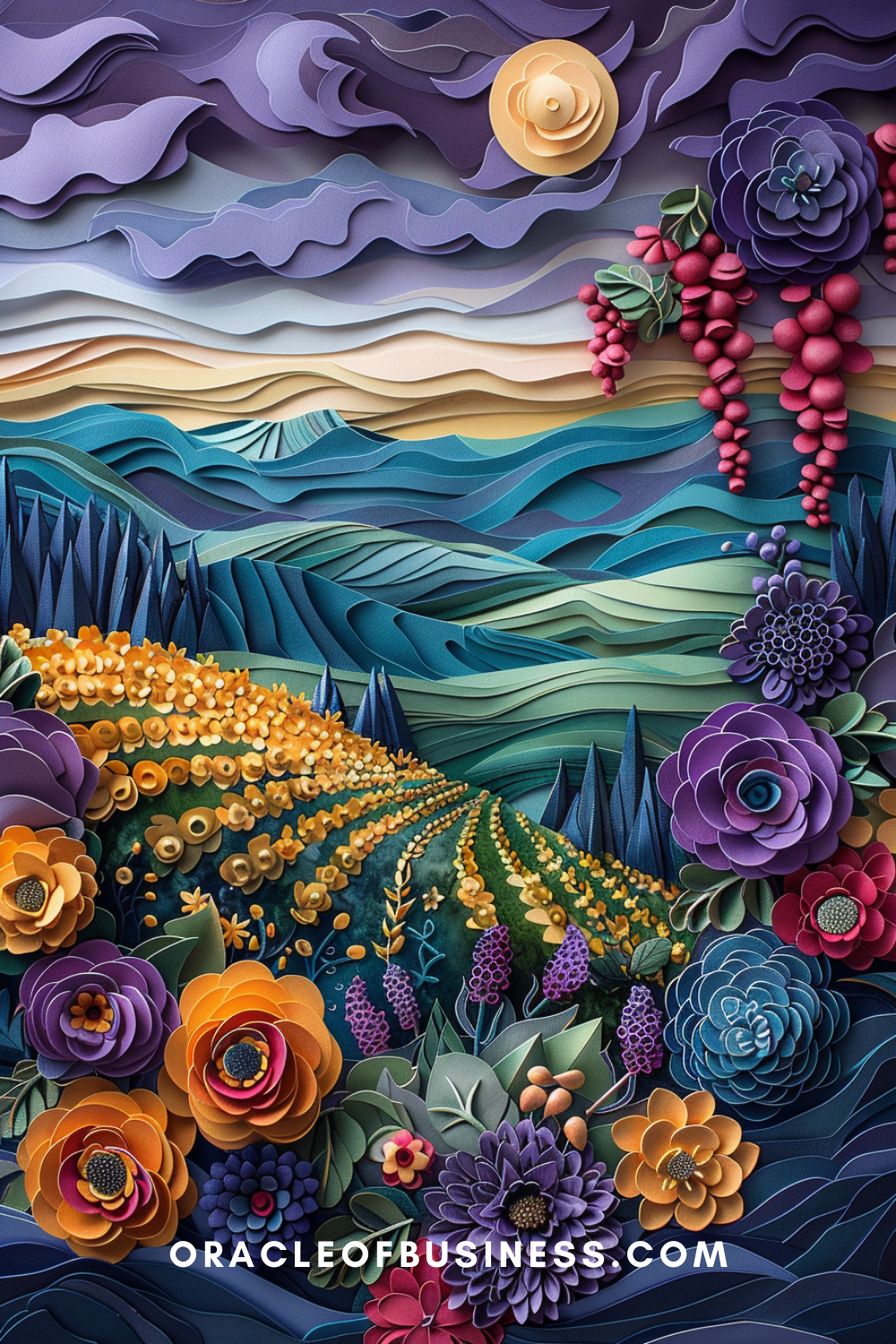 Oracle of Business: Business Advice for Small Business Owners A paper art of a vineyard with flowers and a moon.