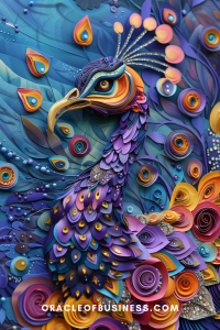 Oracle of Business: Business Advice for Small Business Owners Vibrant paper art featuring a colorful, three-dimensional peacock with intricate feather details and floral motifs.