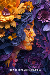 Oracle of Business: Business Advice for Small Business Owners A vibrant, layered paper art depiction of a woman's side profile with a floral motif, in shades of violet, purple, and yellow, with the website "oracleofbusiness.com" at the bottom.