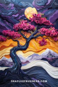 Oracle of Business: Business Advice for Small Business Owners Colorful layered paper art depicting a vibrant sunset and ocean waves, with detailed textures and a watermark stating "oracleofbusiness.com