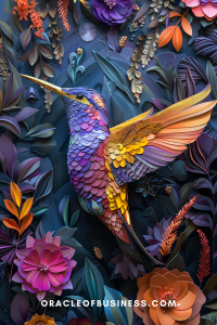 Oracle of Business: Business Advice for Small Business Owners A vibrant, multicolored paper art sculpture of a hummingbird amidst three-dimensional floral elements, set against a dark background.