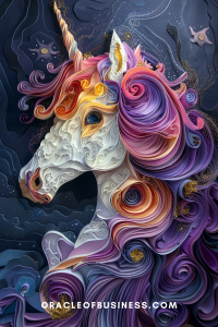Oracle of Business: Business Advice for Small Business Owners Illustration of a colorful unicorn with swirling, multicolored mane and golden horn, set against a dark, starry background with celestial motifs.